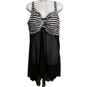Women’s Asymmetrical Plus Size 22W Black/White Semi Sheer Swim Tankini Top Swim